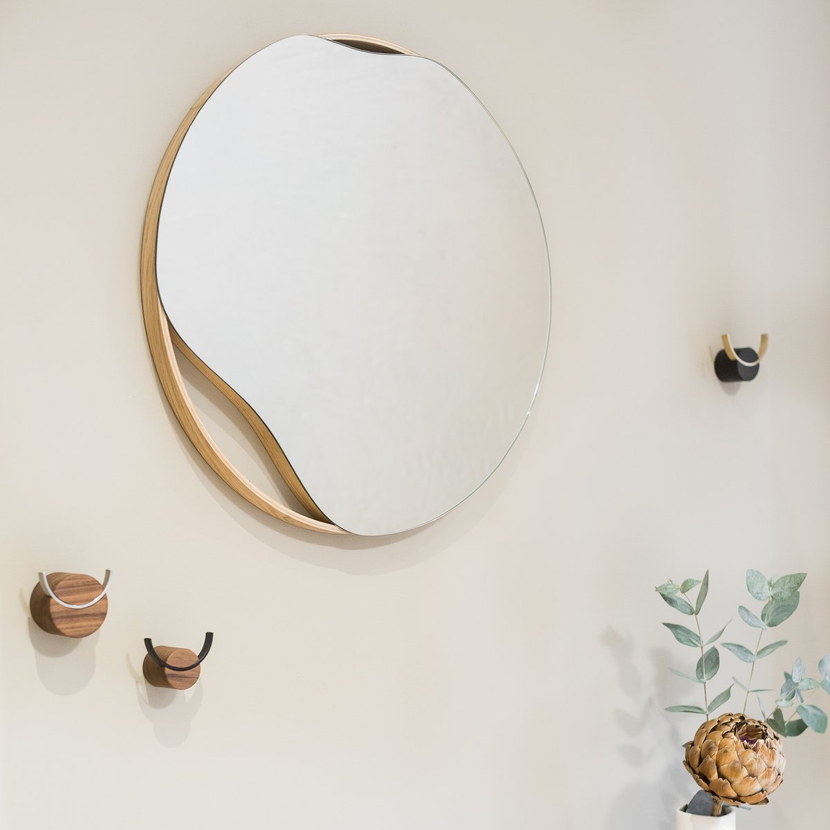 Miroir mural diamètre 50 ou 70 cm PUDDLE, bois de chêne
