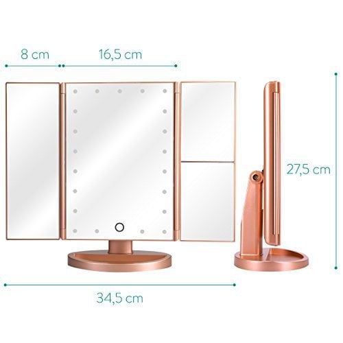 Navaris Miroir Cosmétique Pliable LED - 2x 3x Miroir de courtoisie grossissant Support & Plateau Rangement Facile - Miroir de Maquillage Éclairé - Or Rose Mat